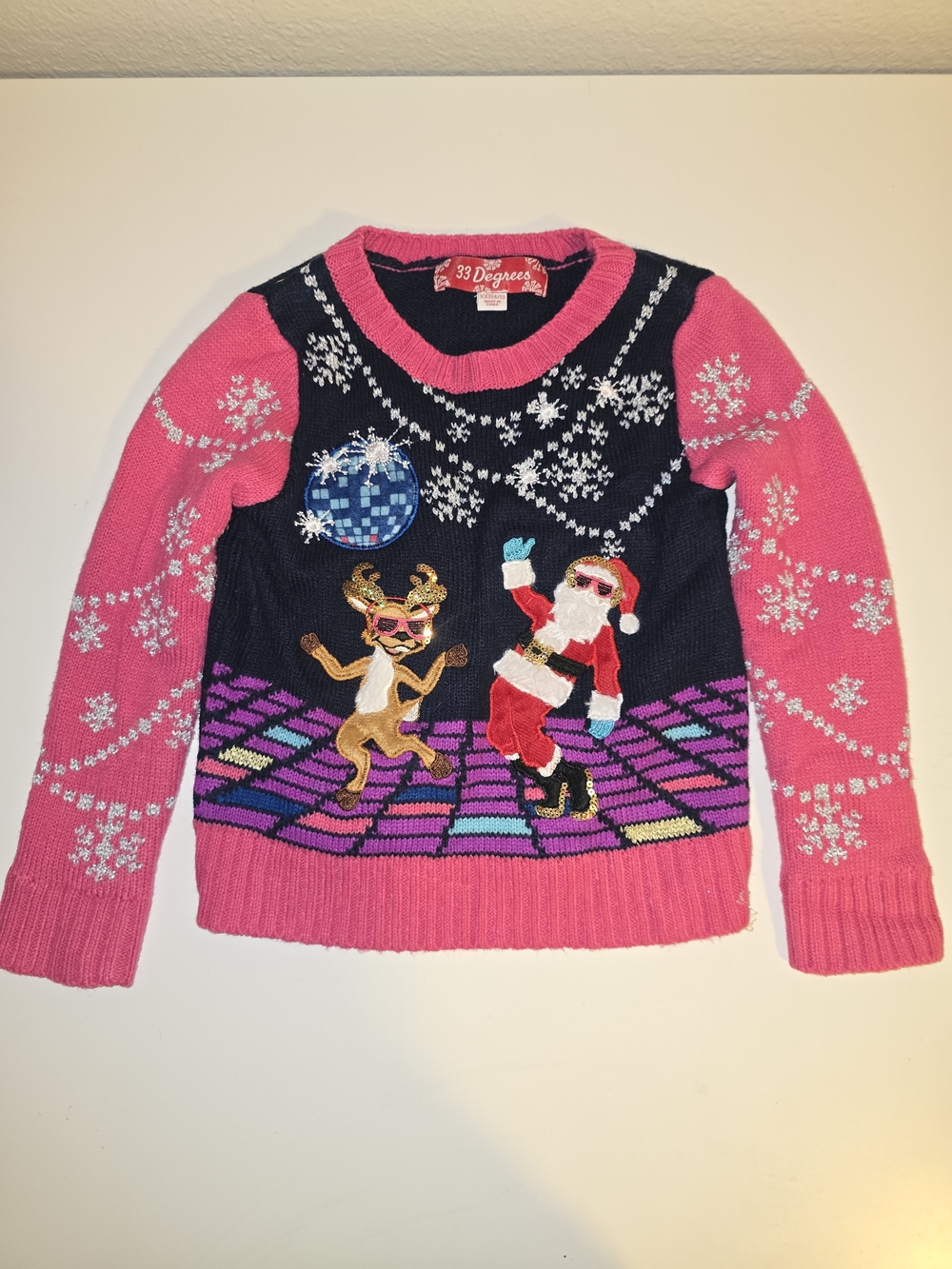 Pink & Navy Disco Santa and Reindeer Sweater